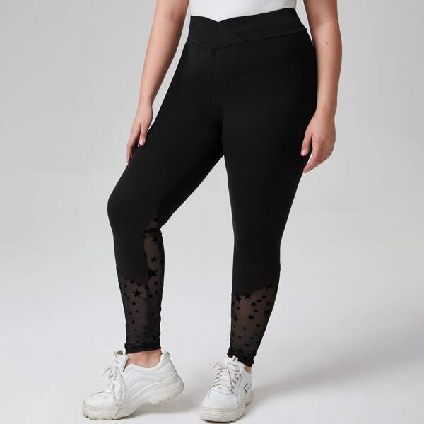 

Plus Star Print Mesh Insert Leggings, Black