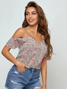 SHEIN Cold Shoulder Ditsy Floral Top - Multicolor - View 1