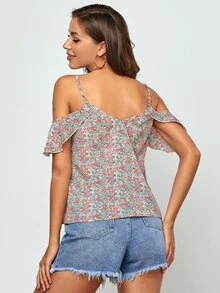 SHEIN Cold Shoulder Ditsy Floral Top - Multicolor - View 2
