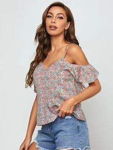 SHEIN Cold Shoulder Ditsy Floral Top - Multicolor - View 3