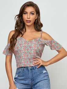 SHEIN Cold Shoulder Ditsy Floral Top - Multicolor - View 4