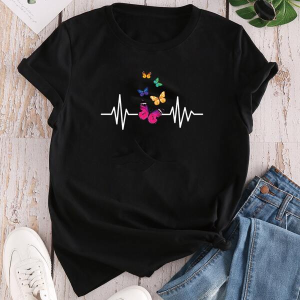 

Butterfly Print Short Sleeve Tee, Black