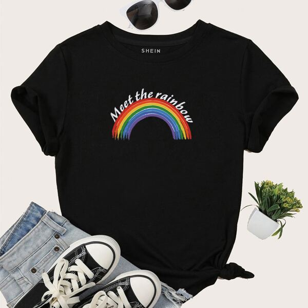 

Slogan And Rainbow Print Tee, Black