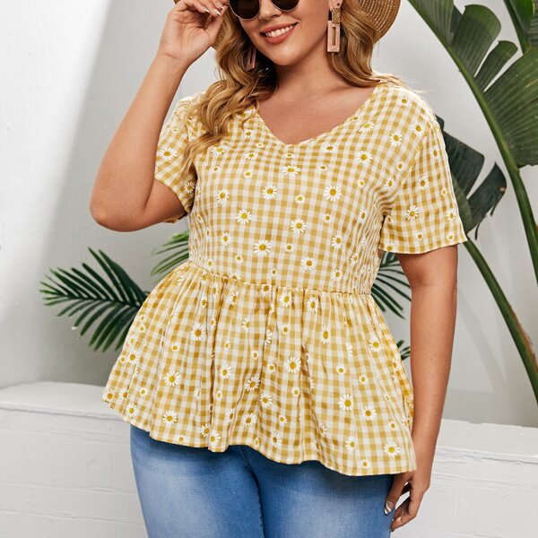 

Plus Daisy Floral and Gingham Peplum Top, Yellow