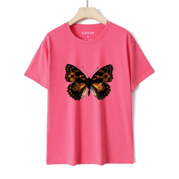 

Butterfly Print Round Neck Tee, Watermelon pink