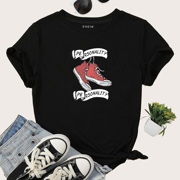 

Shoes & Letter Print Tee, Black