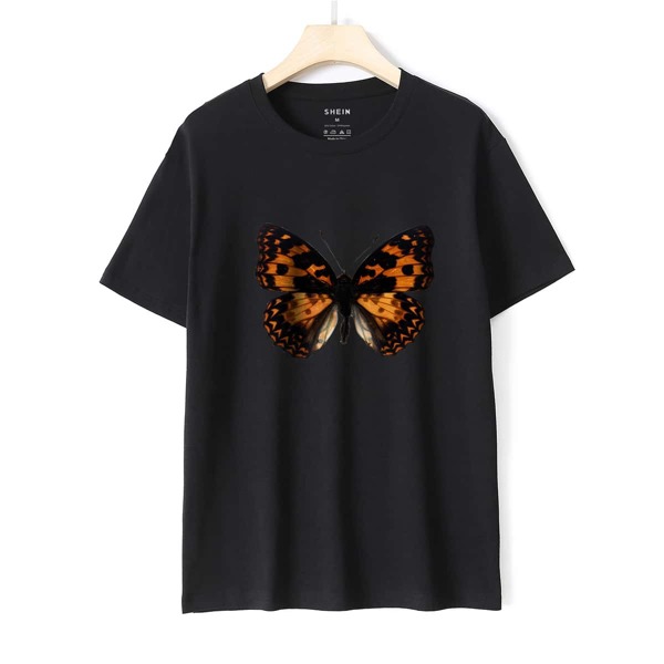 

Butterfly Print Round Neck Tee, Black
