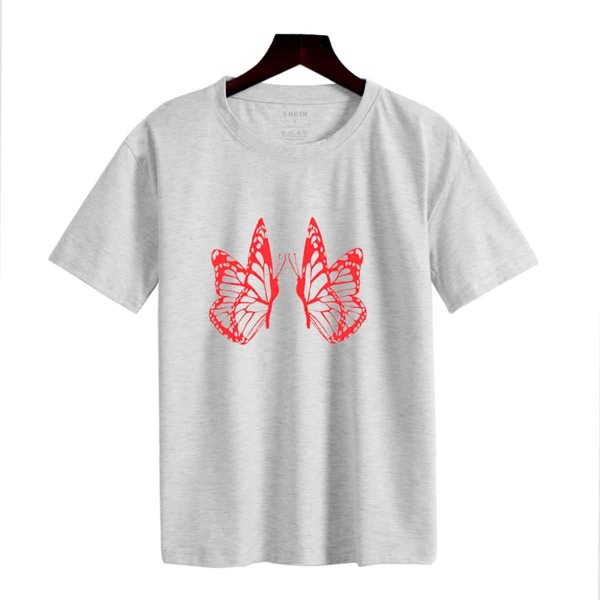 

Butterfly Print Round Neck Tee, Light grey
