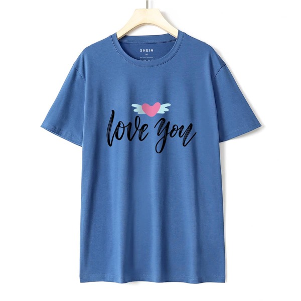 

Slogan & Heart Print Tee, Blue