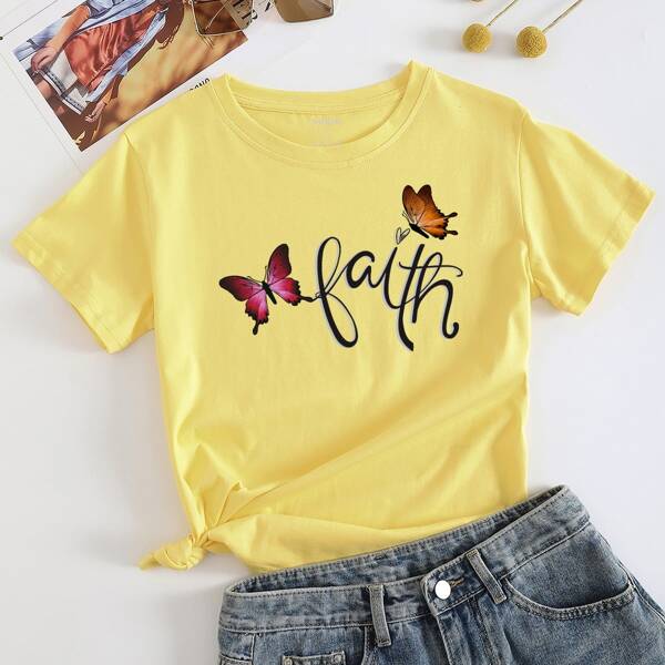 

Butterfly And Letter Graphic Tee, Yellow