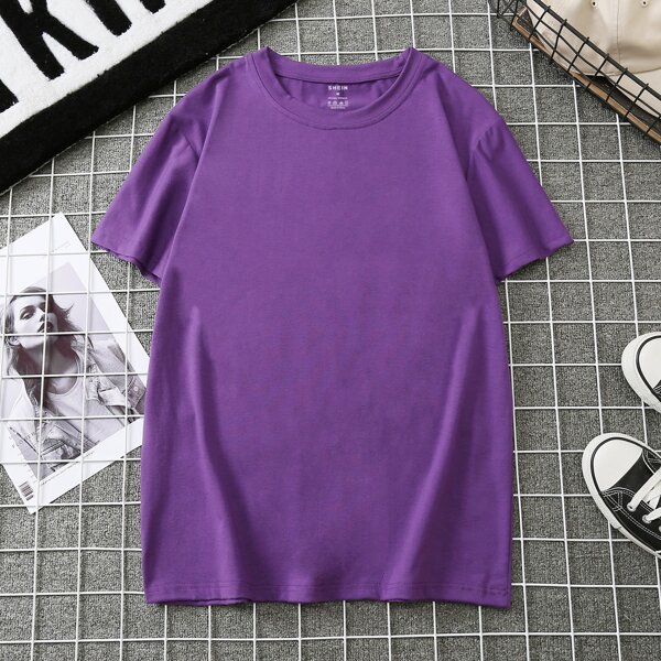 

Solid Round Neck Tee, Violet purple