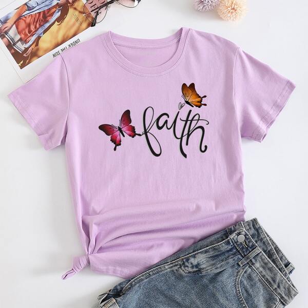 

Butterfly And Letter Graphic Tee, Lilac purple