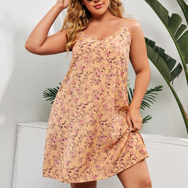

Plus Double V-neck Floral Print Cami Dress, Multicolor