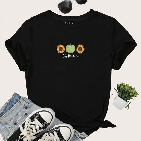 

Letter & Floral Print Tee, Black