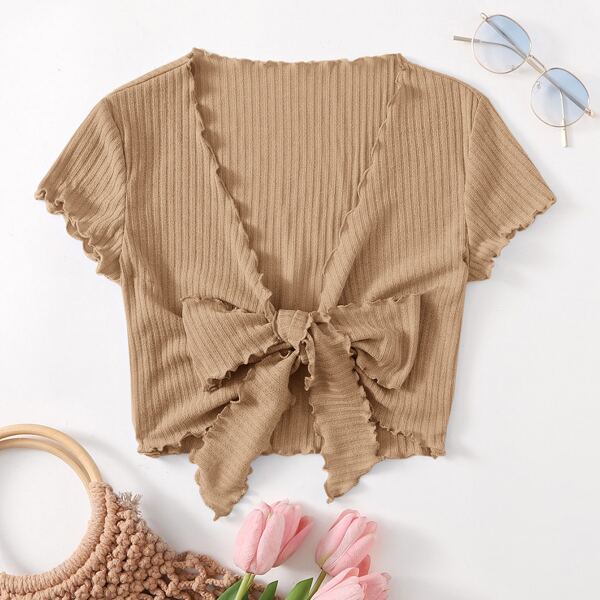 

Tie Front Lettuce Trim Top, Khaki
