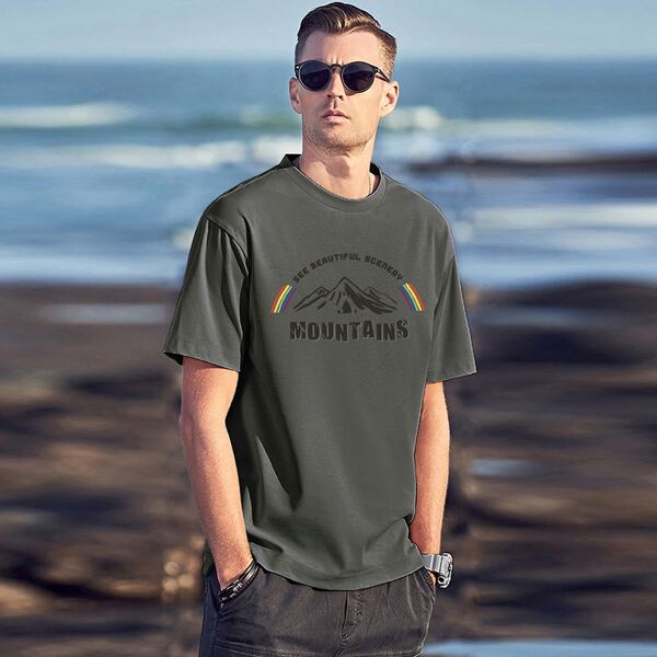

Men Slogan & Mountains Print Tee, Dark grey