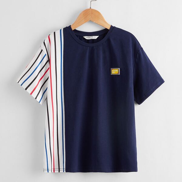 

Boys Patched Detail Striped Tee, Navy blue