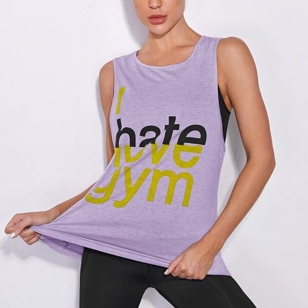 

Slogan Graphic Drop Armhole Sports Tank Top, Lilac purple