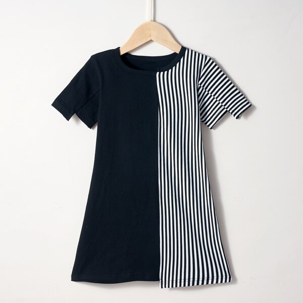 

Toddler Girls Striped Print Asymmetrical Hem Tee Dress, Black and white