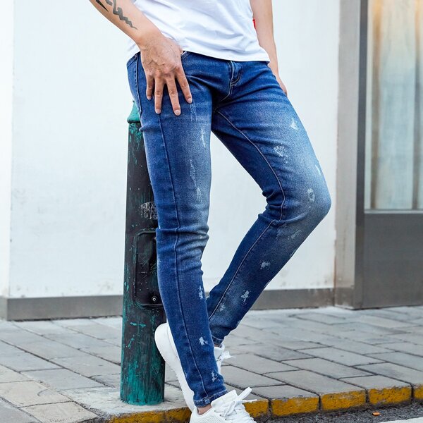 

Men Stone Washed Ripped Skinny Jeans, Medium wash