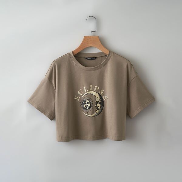 

Moon And Letter Graphic Crop Tee, Mocha brown