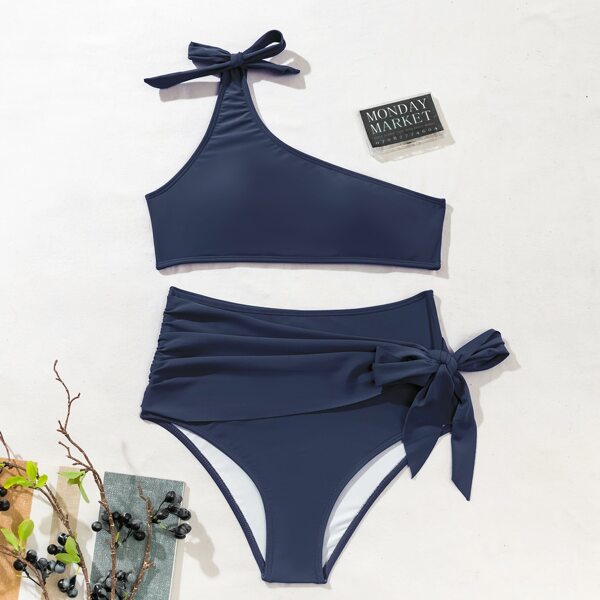 

Knot Decor Ruched High Waisted Bikini Swimsuit, Dark grey