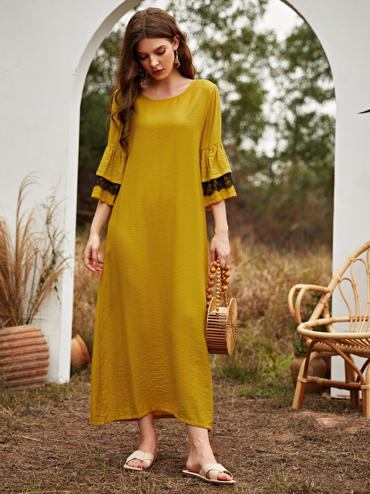 Al Najma 拼接蕾絲直筒洋裝 - 芥末黃 - 查看 1