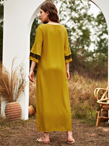 Al Najma 拼接蕾絲直筒連衣裙 - 芥末黃 - 查看 2