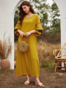 Al Najma 拼接蕾絲直筒連衣裙 - 芥末黃 - 查看 3