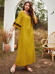 Al Najma 拼接蕾絲直筒連衣裙 - 芥末黃 - 查看 4