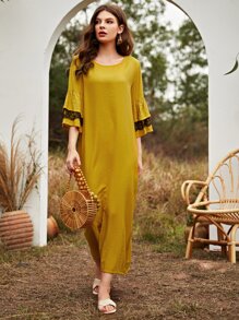 Al Najma 拼接蕾絲直筒連衣裙 - 芥末黃 - 查看 5