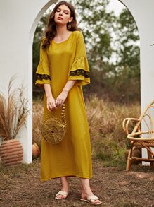 Al Najma 拼接蕾絲直筒連衣裙 - 芥末黃 - 查看 6