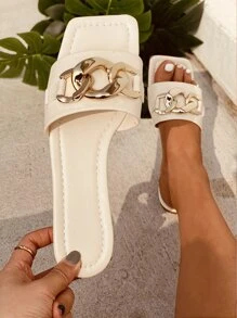 Chain Decor Slide Sandals - Beige - View 1