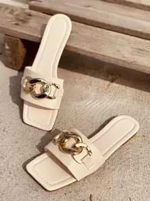 Chain Decor Slide Sandals - Beige - View 3
