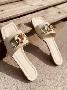 Chain Decor Slide Sandals - Beige - View 4