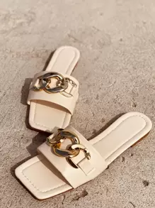Chain Decor Slide Sandals - Beige - View 5