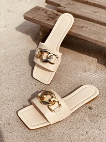 Chain Decor Slide Sandals - Beige - View 6