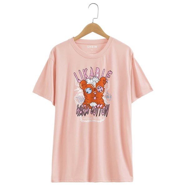 

Cartoon & Letter Graphic Tee, Dusty pink