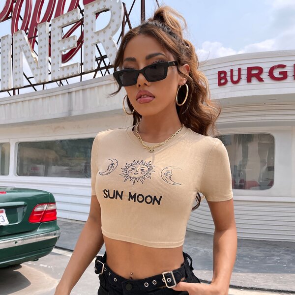 

Sun & Moon Print Crop Tee, Khaki