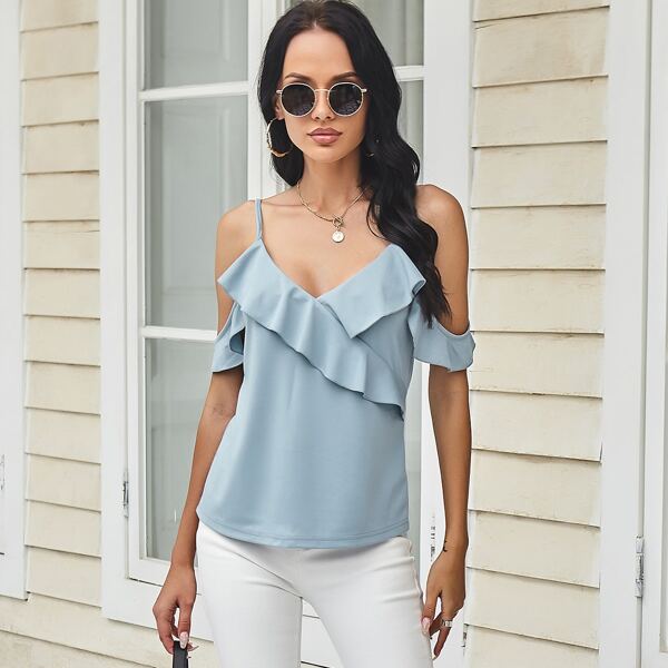 

Cold Shoulder Ruffle Trim Top, Baby blue