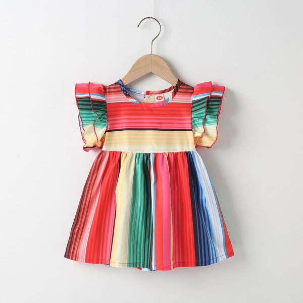 

Baby Girl Colorful Stripe Ruffle Trim Dress, Multicolor
