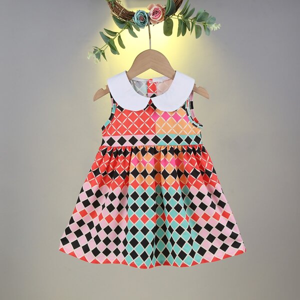 

Baby Girl Peter Pan Collar Argyle Pattern Dress, Multicolor