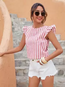 SHEIN VCAY Ruffle Armhole Tie Back Striped Top - Red and White - View 2