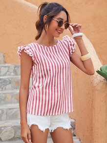 SHEIN VCAY Ruffle Armhole Tie Back Striped Top - Red and White - View 3
