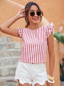 SHEIN VCAY Ruffle Armhole Tie Back Striped Top - Red and White - View 5
