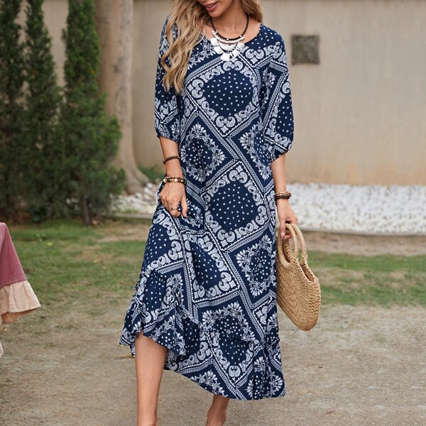 

Paisley Scarf Print Ruffle Hem Dress, Blue and white
