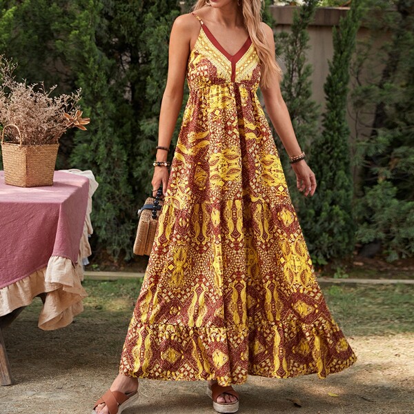 

Floral Ruffle Hem Maxi Cami Dress, Multicolor