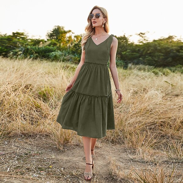 

Knot Shoulder Frill Swing Dress, Army green