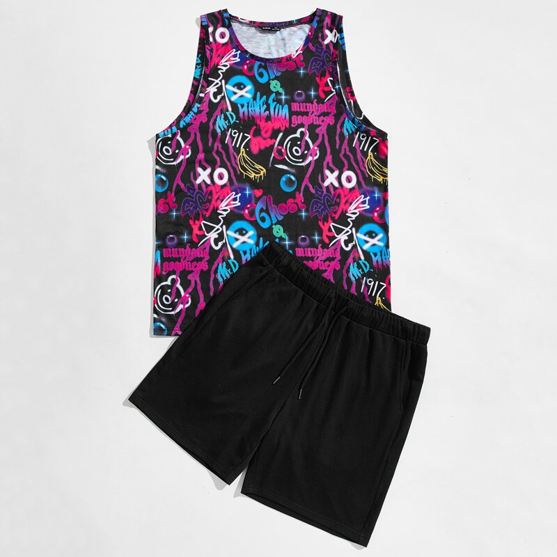 

Guys Letter and Cartoon Graphic Tank Top & Shorts Set, Multicolor