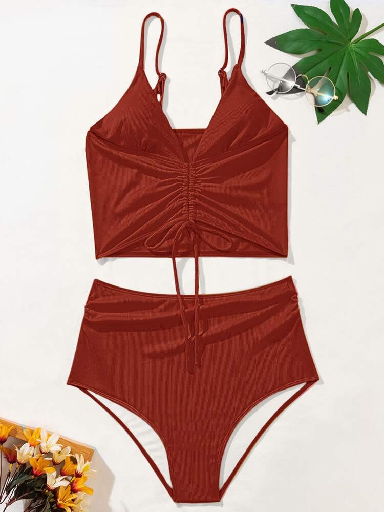 Bikini taille haute avec cordon de serrage sur le devant, style côtelé, pour l'été et la plage - Acajou - Voir 3